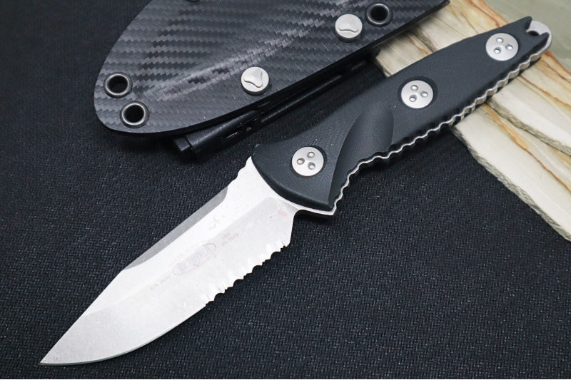 Microtech Socom Alpha Mini - Drop Point with Partial Serrates / Stonewash Finish / Black Handle 113M-11