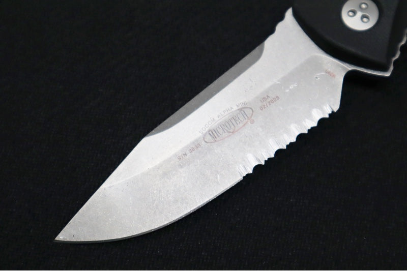Microtech Socom Alpha Mini - Drop Point with Partial Serrates / Stonewash Finish / Black Handle 113M-11 - Northwest Knives