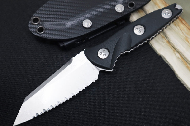 Microtech Socom Alpha Mini Warcom - Warcom Blade with Full Serrates / Stonewash Finish / Black G-10 Handle 93M-12