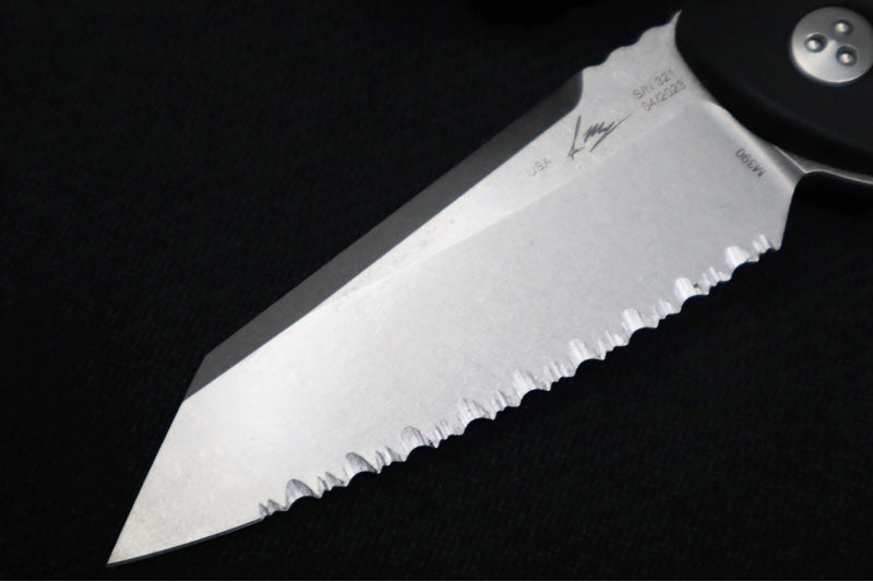 Microtech Socom Alpha Mini Warcom - Warcom Blade with Full Serrates / Stonewash Finish / Black G-10 Handle 93M-12 - Northwest Knives