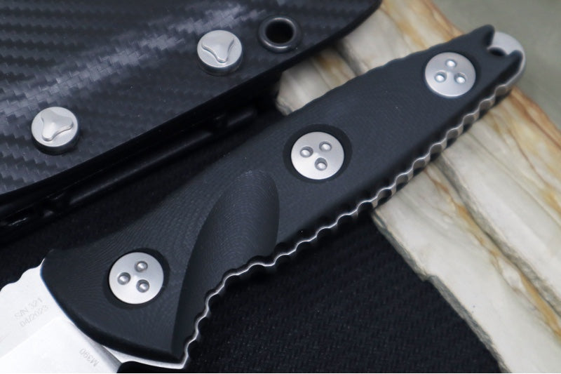 Microtech Socom Alpha Mini Warcom - Warcom Blade with Full Serrates / Stonewash Finish / Black G-10 Handle 93M-12