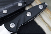 Microtech Socom Alpha Mini Warcom - Warcom Blade with Full Serrates / Stonewash Finish / Black G-10 Handle 93M-12 - Northwest Knives