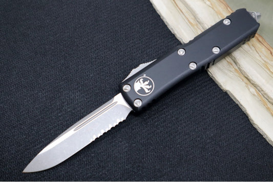 Microtech UTX-85 OTF - Single Edge with Partial Serrate / Apocalyptic Finish / Black Anodized Aluminum Handle - 231-11AP