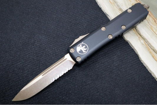 Microtech UTX-85 OTF - Single Edge with Partial Serrate / Bronzed Apocalyptic Finish / Black Anodized Aluminum - 231-14AP
