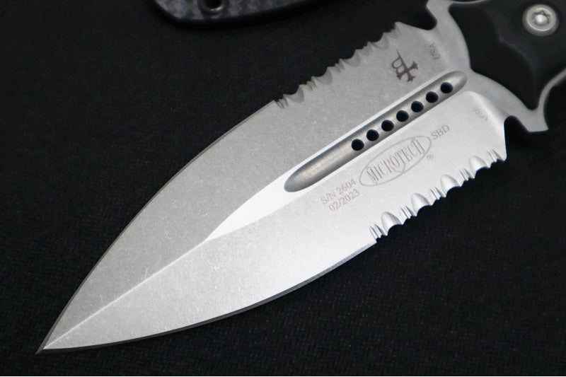 Microtech SBD - Stonewashed Finish / Dagger Blade with Partial Serrations / Black G-10 Handle 201-11 - Northwest Knives