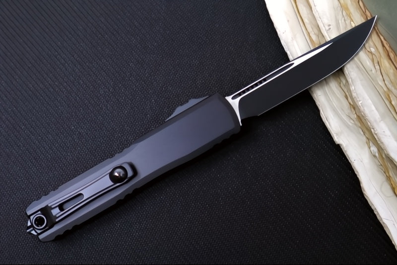Microtech Ultratech ZBP (Zero Blade Play) OTF Tactical - Black Finish / Single Edge / Black Anodized Aluminum Handle 1121-1T - Northwest Knives