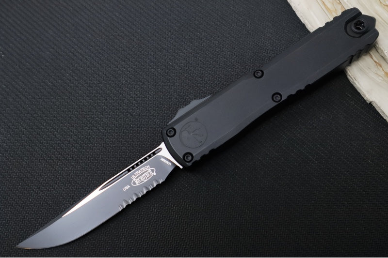 Microtech Ultratech ZBP (Zero Blade Play) OTF Tactical - Black Finish / Single Edge with Partial Serrate / Black Anodized Aluminum Handle 1121-2T - Northwest Knives