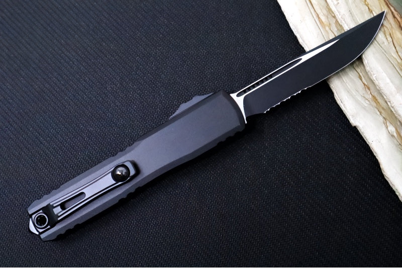 Microtech Ultratech ZBP (Zero Blade Play) OTF Tactical - Black Finish / Single Edge with Partial Serrate / Black Anodized Aluminum Handle 1121-2T - Northwest Knives