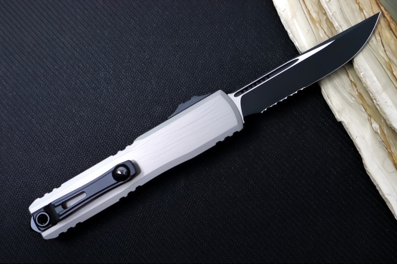 Microtech Ultratech ZBP (Zero Blade Play) OTF - Black Finish / Single Edge with Partial Serrate / Natural Clear Anodized Aluminum Handle 1121-2NC - Northwest Knives