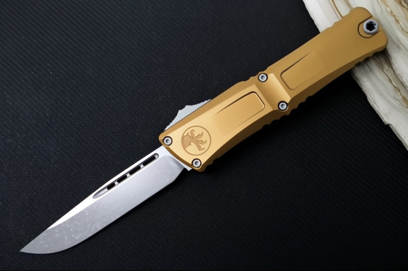 Microtech Combat Troodon OTF Gen III - Apocalyptic Finish / Drop Point Blade / Tan Anodized Aluminum Handle - 1143-10APTA - Northwest Knives