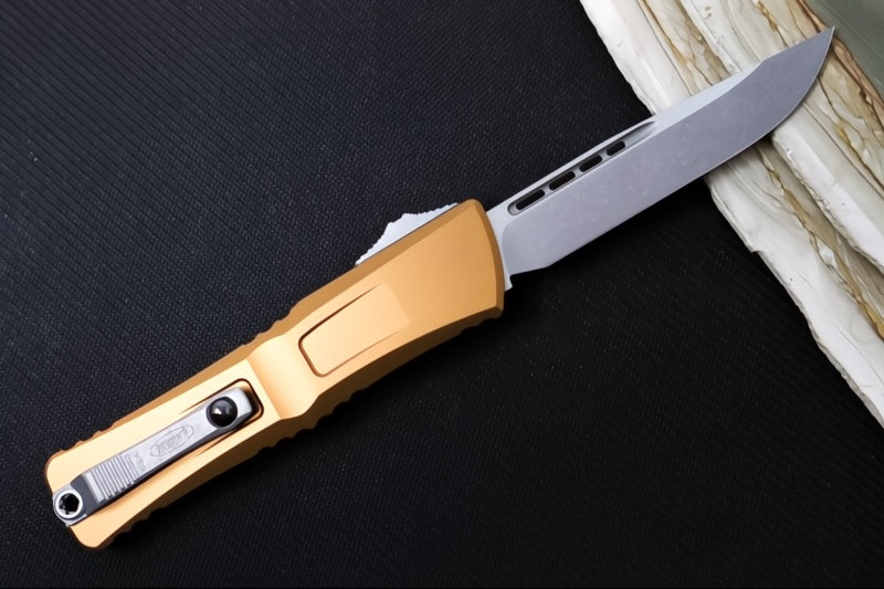 Microtech Combat Troodon OTF Gen III - Apocalyptic Finish / Drop Point Blade / Tan Anodized Aluminum Handle - 1143-10APTA