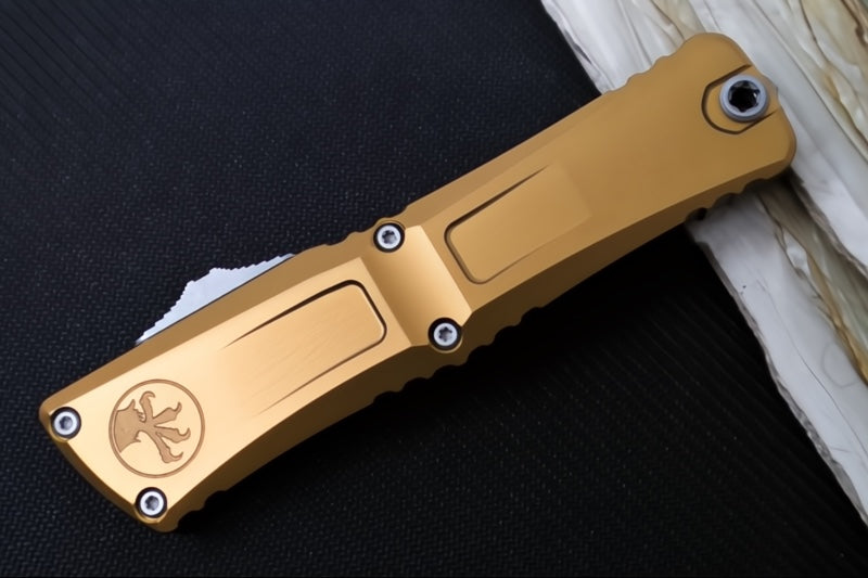 Microtech Combat Troodon OTF Gen III - Apocalyptic Finish / Drop Point Blade / Tan Anodized Aluminum Handle - 1143-10APTA - Northwest Knives