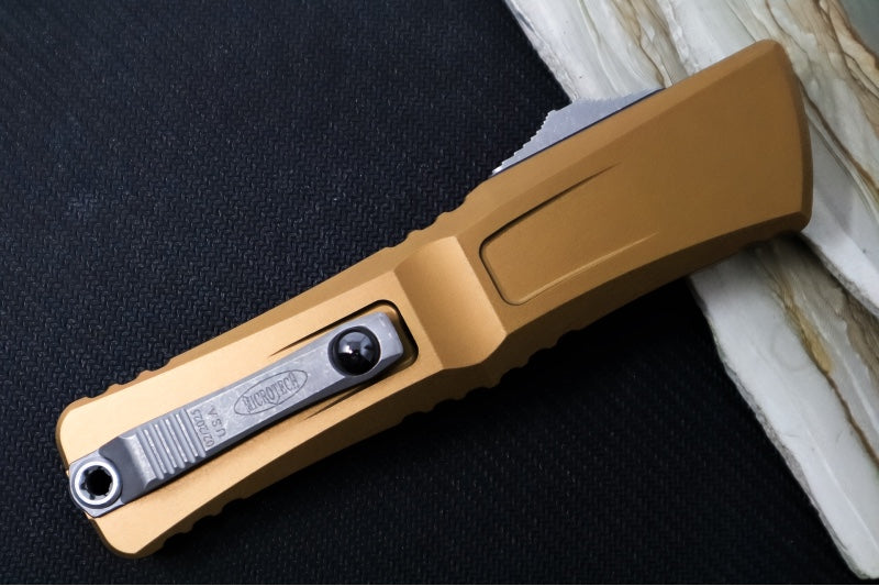 Microtech Combat Troodon OTF Gen III - Apocalyptic Finish / Drop Point Blade / Tan Anodized Aluminum Handle - 1143-10APTA - Northwest Knives