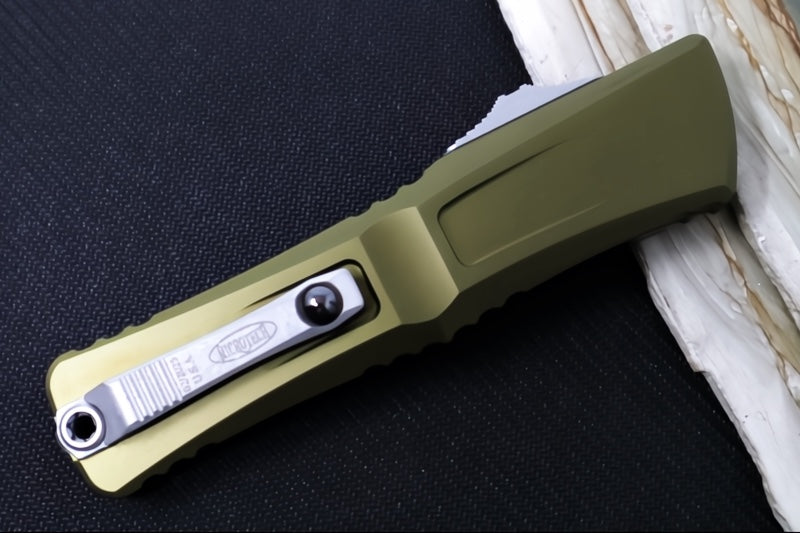 Microtech Combat Troodon OTF Gen III - Apocalyptic Finish / Drop Point Blade / OD Green Anodized Aluminum Handle - 1143-10APOD - Northwest Knives