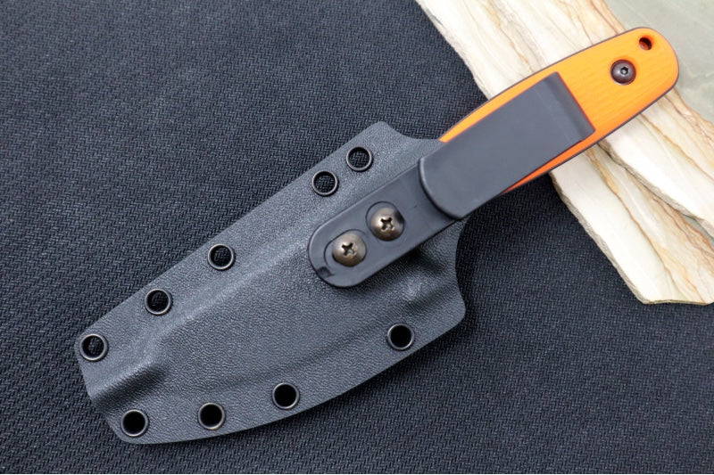 Schwarz Designs Confidante - Orange G-10 Handle / Magnacut Blade / Black Cerakote Finish / Black Kydex Sheath