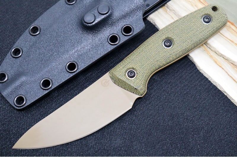 Schwarz Designs Confidante - Green Canvas Micarta Handle / Magnacut Blade / Coyote Tan Cerakote Finish / Black Kydex Sheath