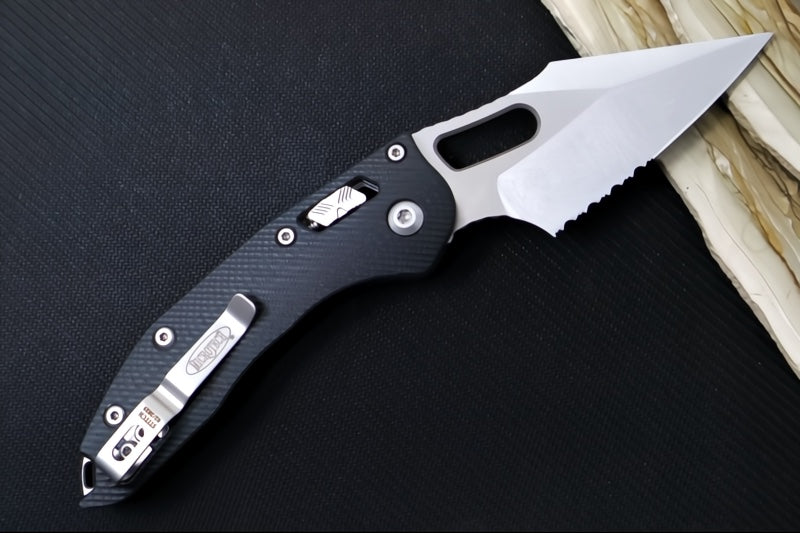 Microtech Stitch RAM-Lock Manual - Spear Point Blade with Partial Serrate / Stonewashed Finish / Black Fluted G-10 Handle 169RL-11FLGTBK