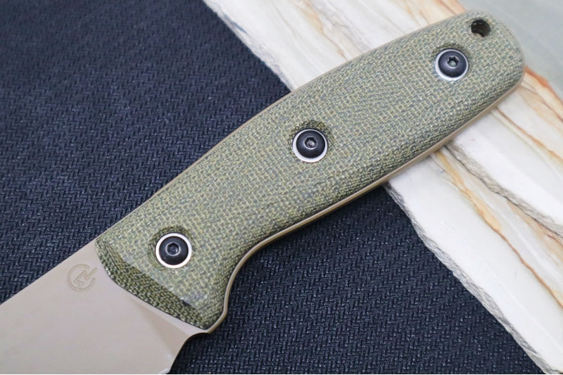 Schwarz Designs Confidante - Green Canvas Micarta Handle / Magnacut Blade / Coyote Tan Cerakote Finish / Black Kydex Sheath