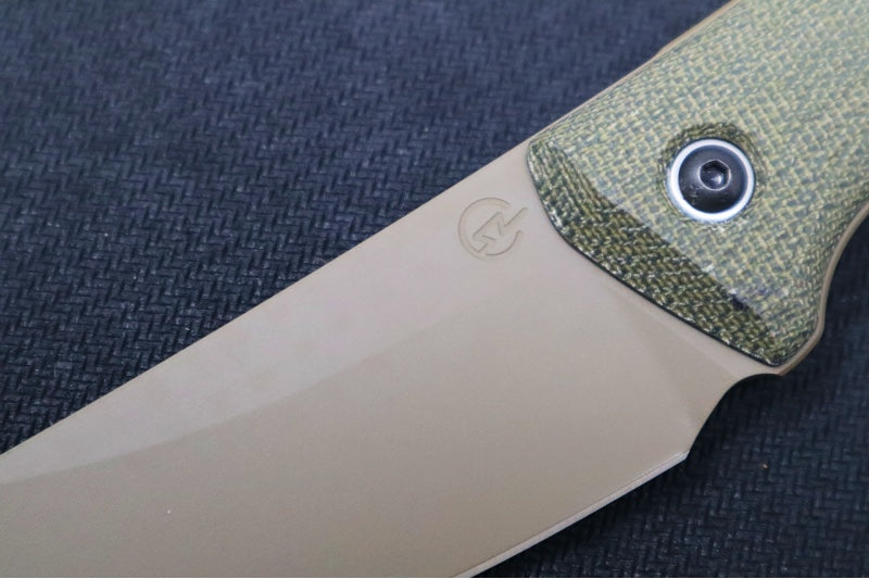 Schwarz Designs Confidante - Green Canvas Micarta Handle / Magnacut Blade / Coyote Tan Cerakote Finish / Black Kydex Sheath