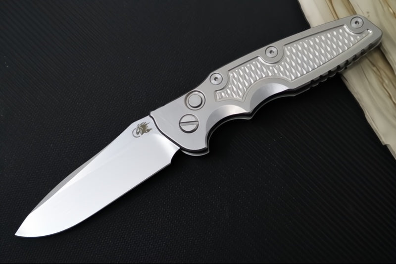 Rick Hinderer Knives Eklipse Auto - 3.5" Spearpoint Blade / Stonewash Finish / Silver Anodized Stonewashed Full Titanium Handle