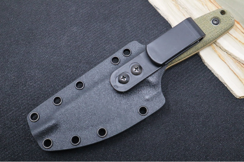 Schwarz Designs Confidante - Green Canvas Micarta Handle / Magnacut Blade / Coyote Tan Cerakote Finish / Black Kydex Sheath