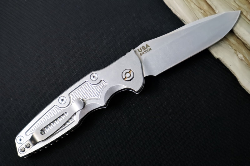Rick Hinderer Knives Eklipse Auto - 3.5" Spearpoint Blade / Stonewash Finish / Silver Anodized Stonewashed Full Titanium Handle