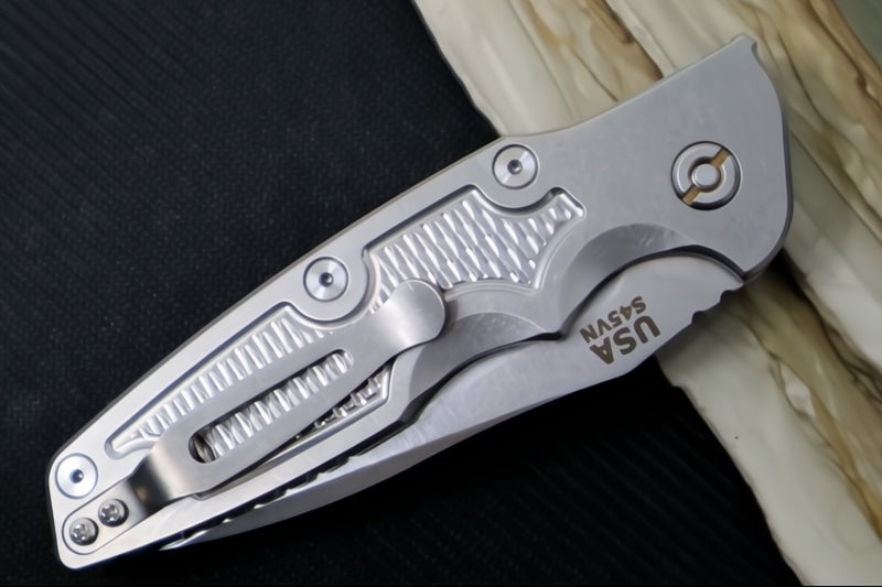 Rick Hinderer Knives Eklipse Auto - 3.5" Spearpoint Blade / Stonewash Finish / Silver Anodized Stonewashed Full Titanium Handle