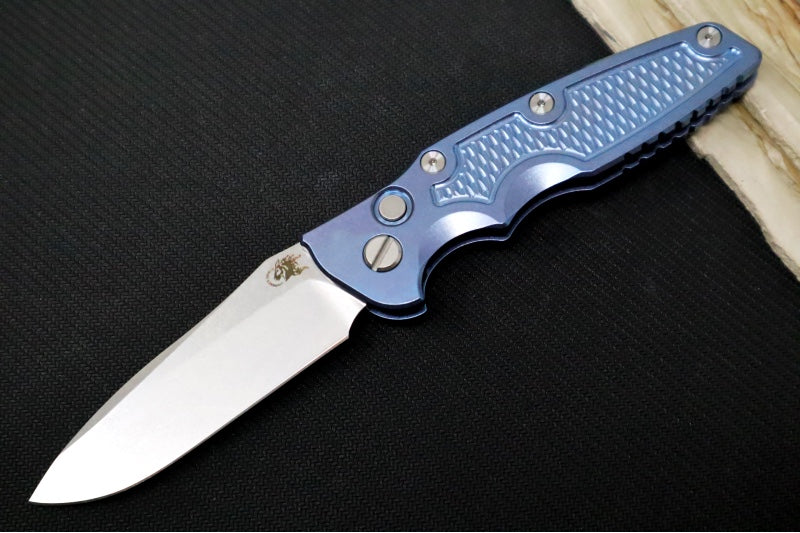 Rick Hinderer Knives Eklipse Auto - 3.5" Spearpoint Blade / Stonewash Finish / Blue Anodized Stonewashed Full Titanium Handle