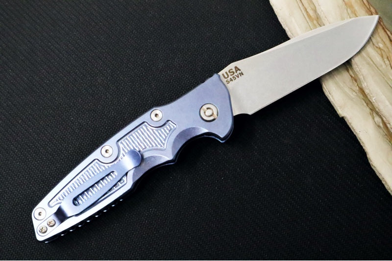 Rick Hinderer Knives Eklipse Auto - 3.5" Spearpoint Blade / Stonewash Finish / Blue Anodized Stonewashed Full Titanium Handle