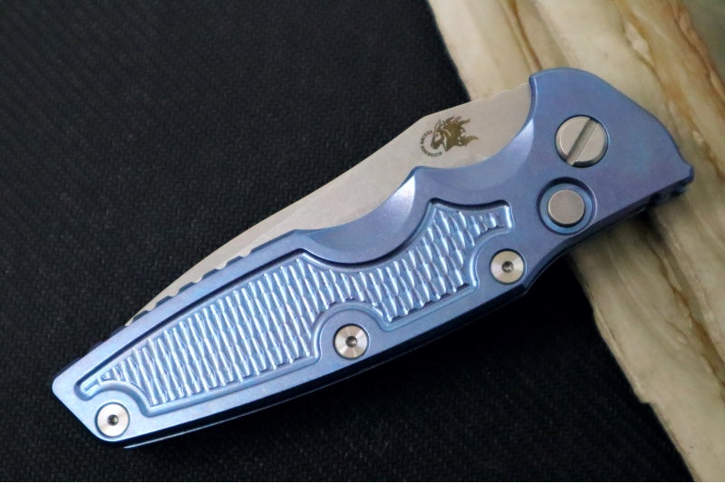Rick Hinderer Knives Eklipse Auto - 3.5" Spearpoint Blade / Stonewash Finish / Blue Anodized Stonewashed Full Titanium Handle