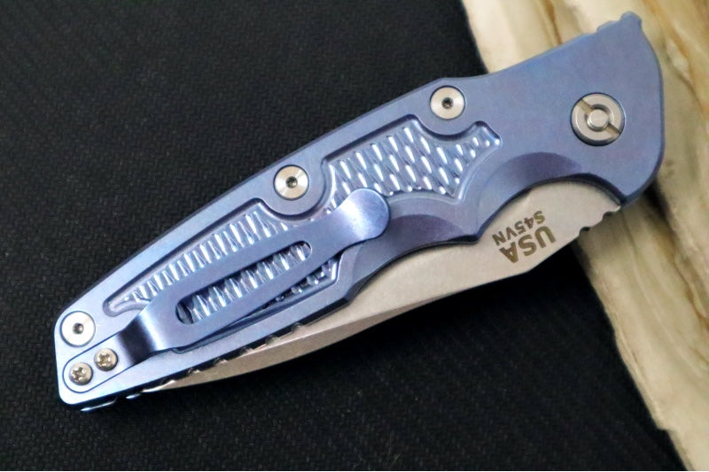 Rick Hinderer Knives Eklipse Auto - 3.5" Spearpoint Blade / Stonewash Finish / Blue Anodized Stonewashed Full Titanium Handle