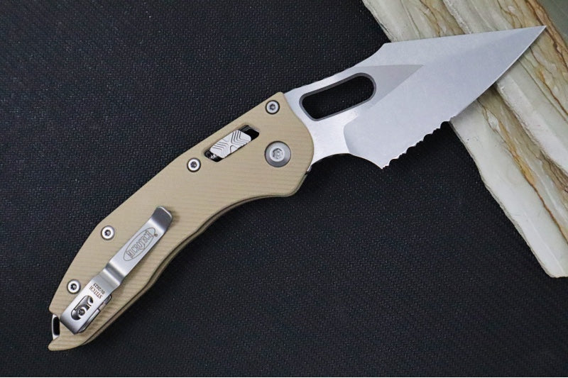 Microtech Stitch RAM-Lock Manual - Partial Serrated Wharncliffe Blade / Tan Fluted G-10 Handle 169RL-11FLGTTA - Northwest Knives