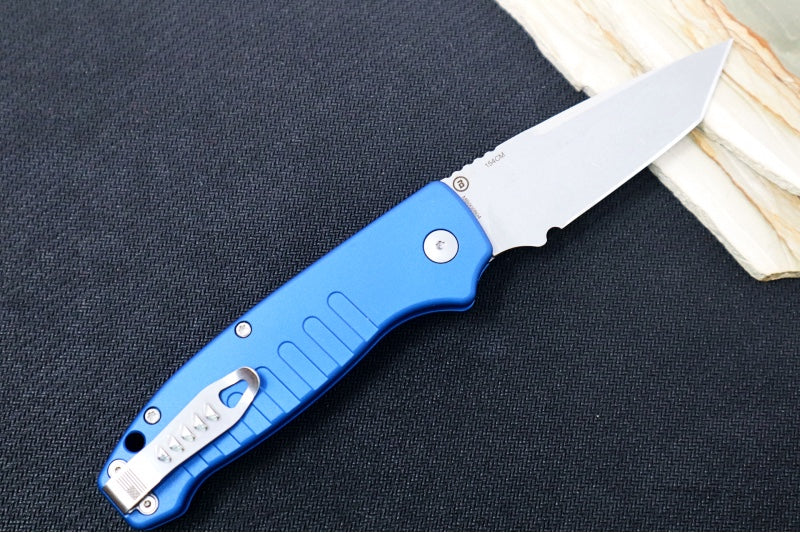 Hogue Knives Ballista - Blue Anodized Aluminum Handle / 154CM Tanto Blade / Tumbled Finish 64123