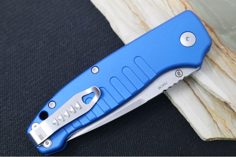 Hogue Knives Ballista - Blue Anodized Aluminum Handle / 154CM Tanto Blade / Tumbled Finish 64123 - Northwest Knives