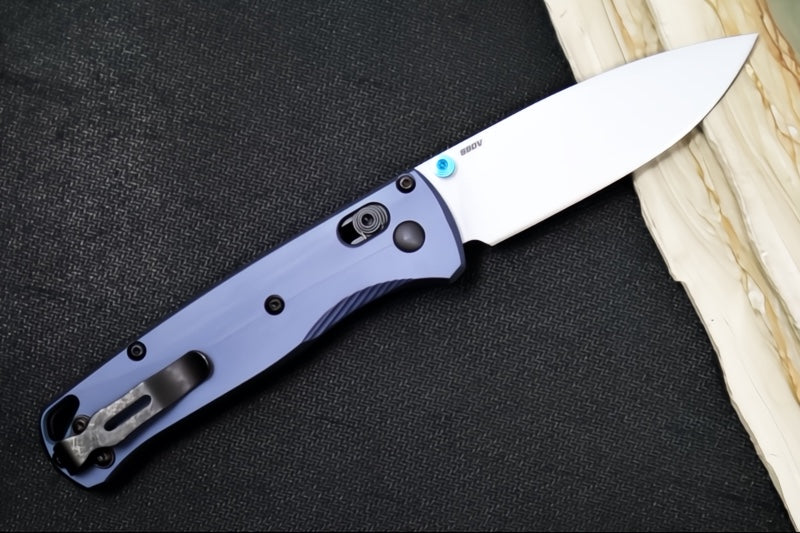 Benchmade 535SL-13 Bugout - CPM-S90V Steel / Drop Point Blade / Crushed Silver Cerakote Finish / Crater Blue Anodized Aluminum
