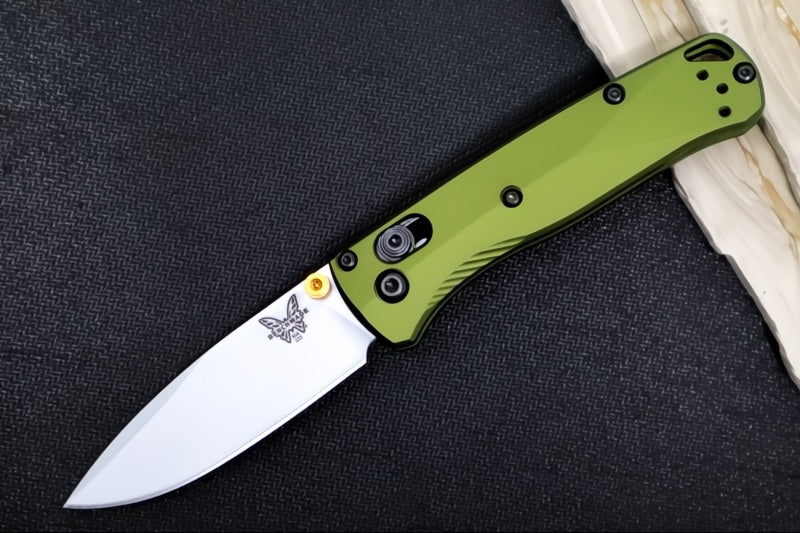 Benchmade 533SL-10 Mini Bugout Manual Folder - Drop Point Blade / CPM-S90V Steel / Crushed Silver Cerakote Finish / Woodland Green Anodized Aluminum Handle