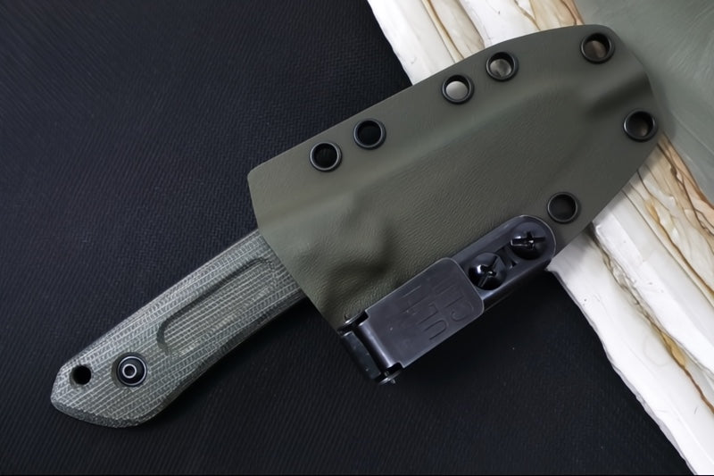 Schwarz Designs Overland Sport - Green Canvas Micarta Handle / CPM-Magnacut Blade / Black Cerakote Finish / OD Green Kydex Sheath
