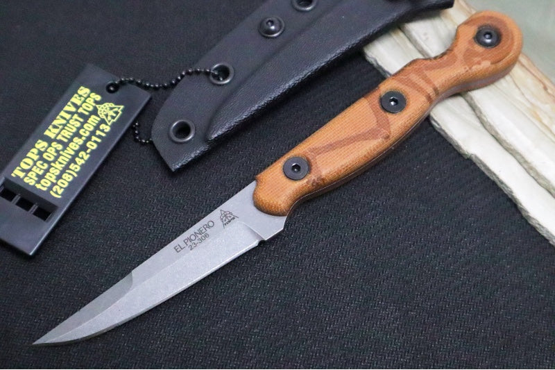 Tops El Pionero - 1095 Steel / Tan Canvas Micarta Handle / Black Kydex Sheath ELPO-01