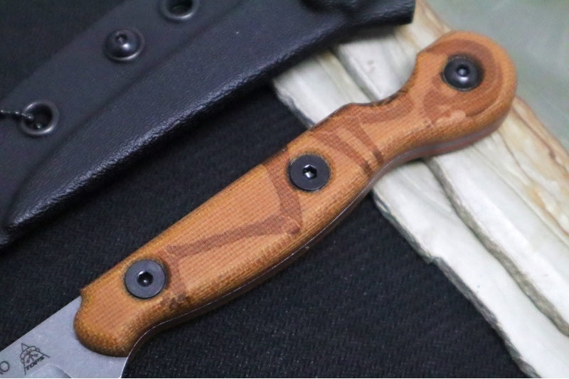 Tops El Pionero - 1095 Steel / Tan Canvas Micarta Handle / Black Kydex Sheath ELPO-01