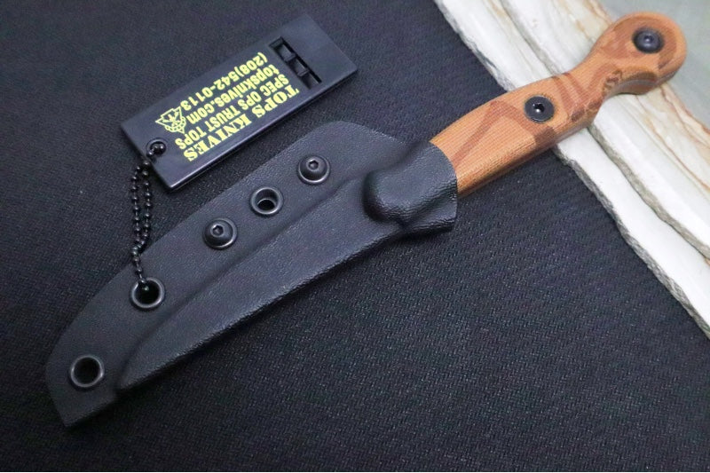 Tops El Pionero - 1095 Steel / Tan Canvas Micarta Handle / Black Kydex Sheath ELPO-01 - Northwest Knives