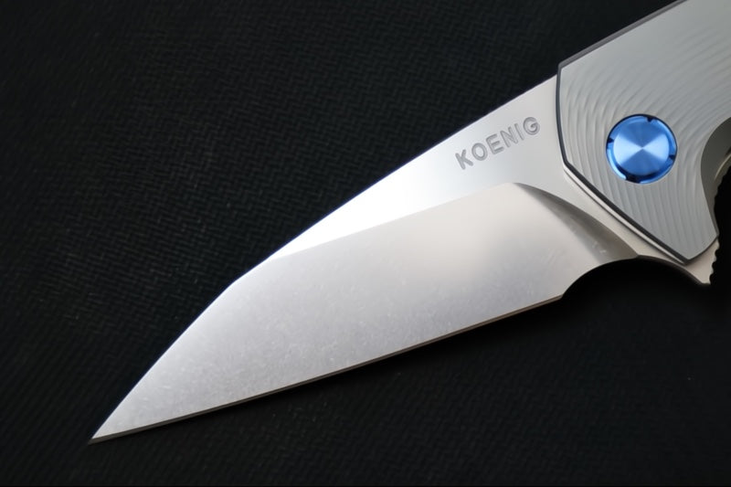Koenig Mini Goblin - Sea Patterned Handle - Brightwashed Blade with Polished Flats - Blue Anodized Spacer & Hardware MG12211221