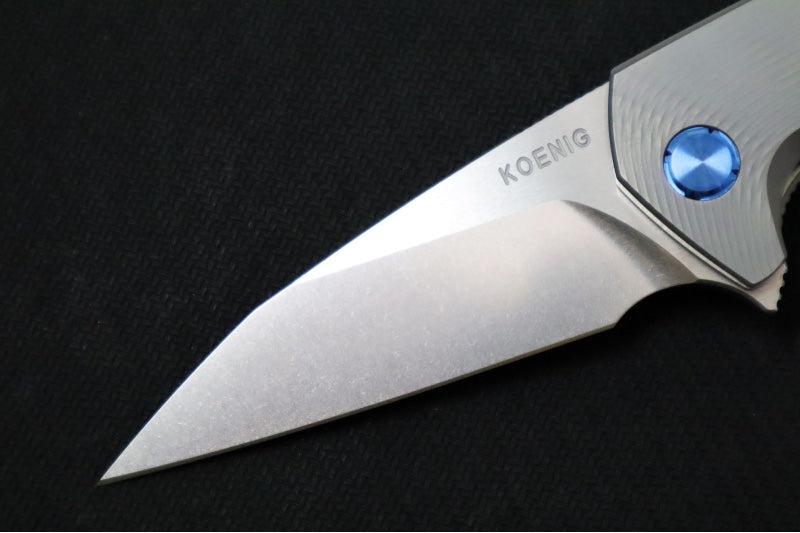 Koenig Mini Goblin - Sea Patterned Handle - Brightwashed Blade with Polished Flats - Blue Anodized Spacer & Hardware MG12211221 - Northwest Knives