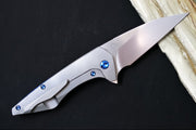 Koenig Mini Goblin - Sea Patterned Handle - Brightwashed Blade with Polished Flats - Blue Anodized Spacer & Hardware MG12211221 - Northwest Knives