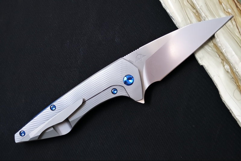 Koenig Mini Goblin - Sea Patterned Handle - Brightwashed Blade with Polished Flats - Blue Anodized Spacer & Hardware MG12211221 - Northwest Knives
