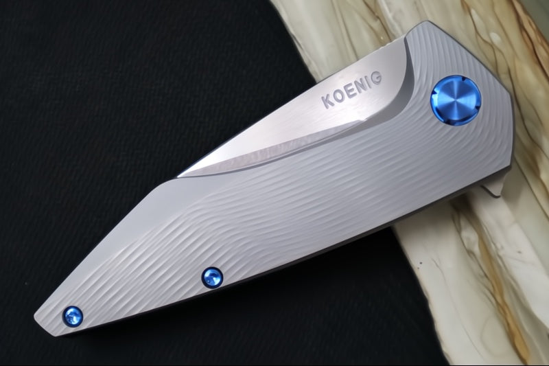 Koenig Mini Goblin - Sea Patterned Handle - Brightwashed Blade with Polished Flats - Blue Anodized Spacer & Hardware MG12211221 - Northwest Knives