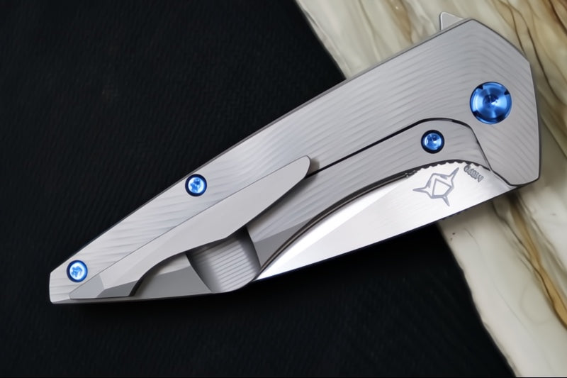 Koenig Mini Goblin - Sea Patterned Handle - Brightwashed Blade with Polished Flats - Blue Anodized Spacer & Hardware MG12211221 - Northwest Knives