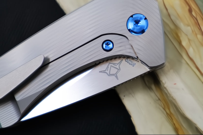 Koenig Mini Goblin - Sea Patterned Handle - Brightwashed Blade with Polished Flats - Blue Anodized Spacer & Hardware MG12211221