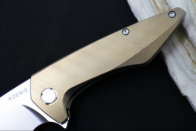 Koenig Mini Goblin - Bronzed Anodized Sea Patterned Handle - Brightwashed Blade with Polished Flats - Silver Spacer & Stonewashed Hardware MG12299177BRZ - Northwest Knives