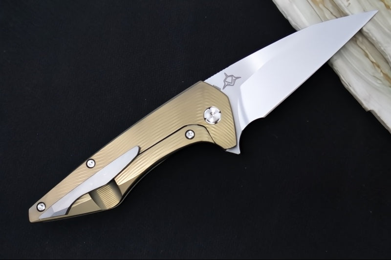 Koenig Mini Goblin - Bronzed Anodized Sea Patterned Handle - Brightwashed Blade with Polished Flats - Silver Spacer & Stonewashed Hardware MG12299177BRZ - Northwest Knives