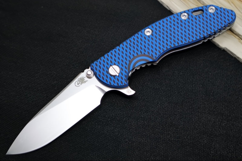 Rick Hinderer Knives XM-18 Skinny - Tri Way Pivot- 3.5" Hollow Ground Slicer Blade / Stonewash Finish / Black&Blue G-10 Handle / Stonewashed Frame / CPM-Magnacut Steel